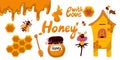 Honey and beekeeping design elements set. Collection of bee, beehive, jar, spoon, honeycomb. Vector illustration