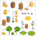 Honey and beekeeping isometric design elements. Apiary, honey, beekeeper, hives, bees, equipment, flowers. For eco