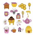 honey and beekeeping outlined Set icons. Honey. Beekeeping elements. Beehive, bees, honey, pot, teapot, cup, spoon