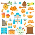 Honey beekeeping vector flat icons set