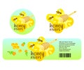 Honey, bees and honey dipper, jar label and logo design. Organic food, flowers, honeycombs and apiary, vector design