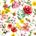 Honey bees, meadow flowers, summer grasses and plants. Repeating summer pattern. Watercolor