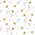 Honey bees on white background. Seamless pattern with honey bees for fabric, wrap paper or kids apparel