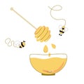 Honey bowl bee wooden dipper isolated on white background Cartoon hand drawn illustration Royalty Free Stock Photo