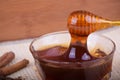 Honey in a bowl with ground cinnamon and sticks Royalty Free Stock Photo