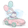 Honey Bunny in a car. Vector illustration for a card or poster. Print on clothes.