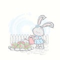 Honey Bunny in a dress watering flowers. Vector illustration for a card or poster. Leveret in the garden.