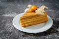 Honey cake with caramel cream filling decorated with physalis