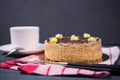 honey cake with edible bees on top on a dark table. concept for birthday, meeting with parents, holidays