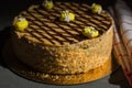 Honey cake with edible bees on top, the top of the cake is decorated in a cage of chocolate lines. concept for birthday, meeting