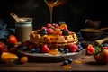 Honey or caramel pouring from jar on a freshmade waffles with strawberries. Breakfast with Belgian waffles. Generative