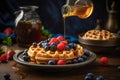 Honey or caramel pouring from jar on a freshmade waffles with strawberries. Breakfast with Belgian waffles. Generative
