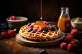 Honey or caramel pouring from jar on a freshmade waffles with strawberries. Breakfast with Belgian waffles. Generative