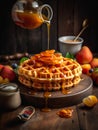 Honey or caramel pouring from jar on a freshmade waffles with strawberries. Breakfast with Belgian waffles. Generative