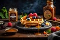 Honey or caramel pouring from jar on a freshmade waffles with strawberries. Breakfast with Belgian waffles. Generative