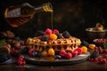 Honey or caramel pouring from jar on a freshmade waffles with strawberries. Breakfast with Belgian waffles. Generative