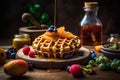 Honey or caramel pouring from jar on a freshmade waffles with strawberries. Breakfast with Belgian waffles. Generative