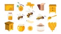 Honey cartoon collection. Beekeeping sweet elements, honeybee beeswax beehive honeycomb, organic bee apiculture products