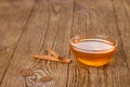 Honey and cinnamon on a wooden table Royalty Free Stock Photo