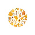 honey circle. apiary bees beehive sunflower honeycomb arranged in a circle shape. vector flat simple cartoon items.