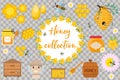 Honey collection. Beekeeping set of objects on white background. Apiculture kit of design elements flat