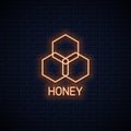 Honey comb neon banner. Organic honey neon sign