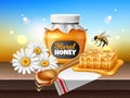 Honey composition. Glass jar, wooden spoon with dripping syrup, chamomile flowers, flying bee. Realistic isolated Royalty Free Stock Photo