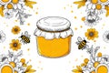 Honey composition. Honey pot. Vintage hand drawn bee and honeyed flower