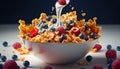 Corn flakes with fresh fruits Raspberry, and blueberries, and pouring milk into the bowl. Generative AI. Royalty Free Stock Photo