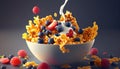 honey Corn flakes with fresh fruits Raspberry, and blueberries and pouring milk into the bowl. Generative AI. Royalty Free Stock Photo