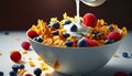 honey Corn flakes with fresh fruits Raspberry and blueberries, and pouring milk into the bowl. Generative AI. Royalty Free Stock Photo