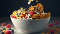 honey Cornflakes with fresh fruits Raspberry, and blueberries, and pouring milk into the bowl. Generative AI. Royalty Free Stock Photo