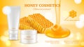 Honey cosmetics banner. Realistic cream tube and honeycombs. Natural skin care vector advertising background