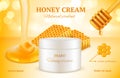 Honey cosmetics. Nature sweet golden skin care natural product advertising packages woman cosmetic honeycomb vector Royalty Free Stock Photo