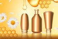 Honey cosmetics series vector illustration, honey skin care cream product in set of 3d realistic golden container bottle