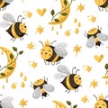Honey cute bee insect summer seamless pattern background.