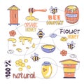 Honey cute vector set with bees.The set includes cute bees, lettering honey, a hive, a deck with honey, flowers, combs, a jar with