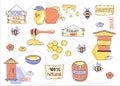 Honey cute vector set with bees.The set includes cute bees, lettering honey, a hive, a deck with honey, flowers, combs, a jar with