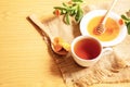 honey with dandelions. cup of tea with dandelion. selective focus Royalty Free Stock Photo