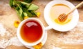 honey with dandelions. cup of tea with dandelion. selective focus Royalty Free Stock Photo