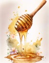 A honey dipper dripping golden honey with splashes and floral accents, creating a visually appealing and artistic representation