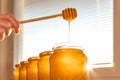 Honey dipper over bottles with honey Royalty Free Stock Photo