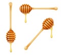 Honey Dipper. Set of Wooden Spoon for liquid sweetness. Vector illustration.