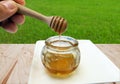 Honey Dipping with honey in glass jar on natural background macro,Wooden honey dipper.