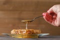 Honey dipping on honeycomb Royalty Free Stock Photo