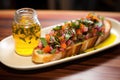 honey-drenched bruschetta, colorful herb garnish nearby