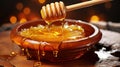 Honey dripping from honey dipper in wooden bowl. Healthy organic Thick honey dipping. Generative AI Royalty Free Stock Photo