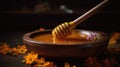 Honey dripping from honey dipper in wooden bowl. Healthy organic Thick honey dipping from the wooden honey spoon. Generative ai Royalty Free Stock Photo