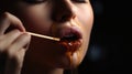 Honey dripping from honey dipper on girl lips. Thick honey dipping from the wooden honey spoon.Healthy food concept, generative ai