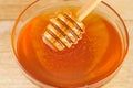 Honey dripping from honey dipper in glass bowl. Thick honey dipping from the wooden honey spoon, closeup.